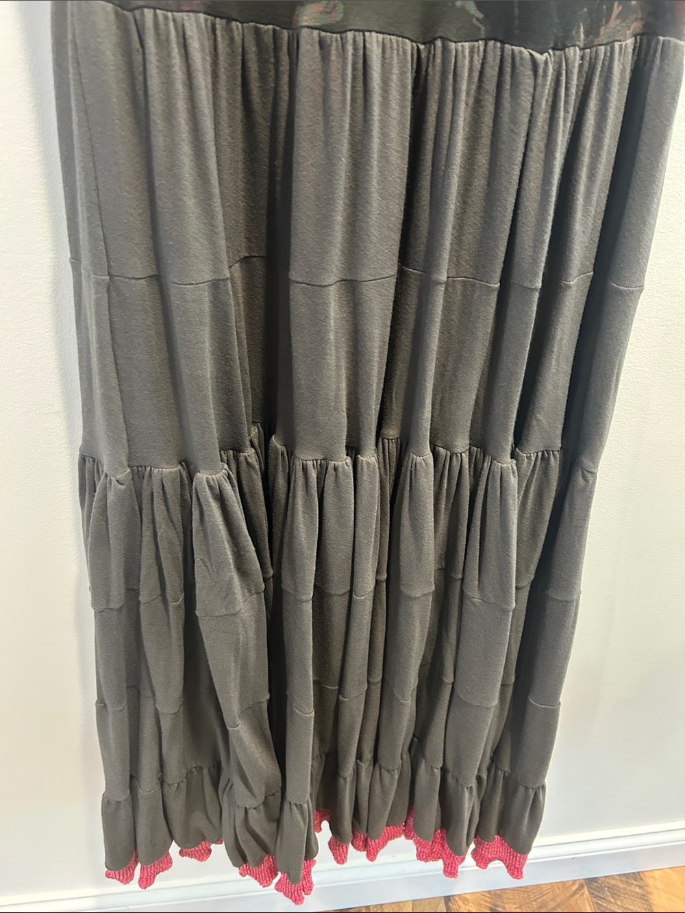 Olive Graphic Tiered Maxi Dress with Pink Trim - Picture 8 of 12